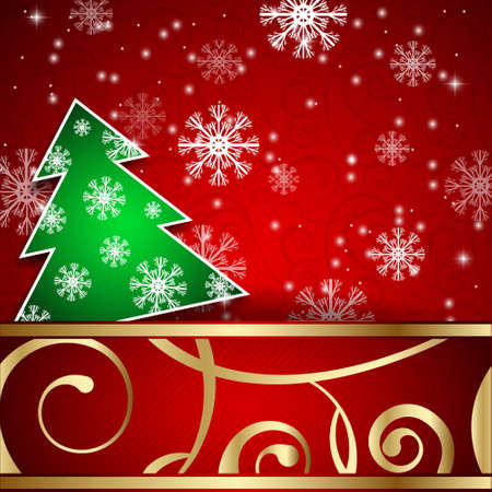 Vector illustration: Red paper-craft horizontal postcard with green christmas tree, gold decoration and snowflakesのイラスト素材