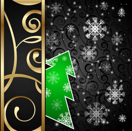 Vector illustration: Black paper-craft vertical  postcard with green christmas tree, gold decoration and snowflakesのイラスト素材