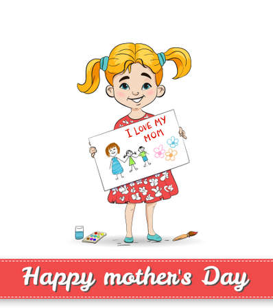 Girl drew the picture for her mother. Happy mothers day cardのイラスト素材
