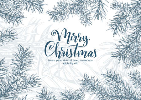 Christmas sketch hand drawn illustration with pine tree branches and cones border design.のイラスト素材