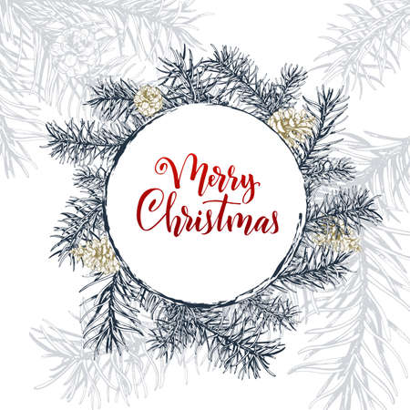 Christmas sketch hand drawn illustration with pine tree branches and cones.Vector illustration for your design. Template greeting card with pine tree branches. Engraved style illustration.のイラスト素材