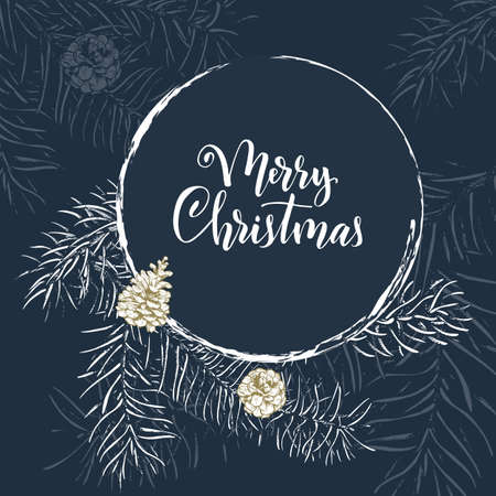 Christmas sketch hand drawn illustration with pine tree branches and cones.Vector illustration for your design. Template greeting card with pine tree branches. Engraved style illustration.のイラスト素材