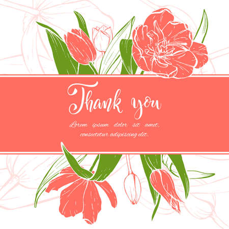 Floral background. Hand drawn vector botanical illustration. Template greeting card, wedding invitation banner with spring flowers. Sketch linear tulips blossom.Engraved style illustration.のイラスト素材