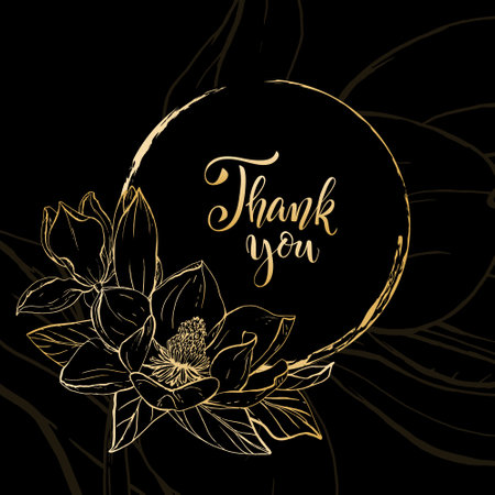 Gold floral background. Hand drawn vector botanical illustration. Template greeting card, wedding invitation banner with spring flowers. Sketch linear magnolia blossom.のイラスト素材
