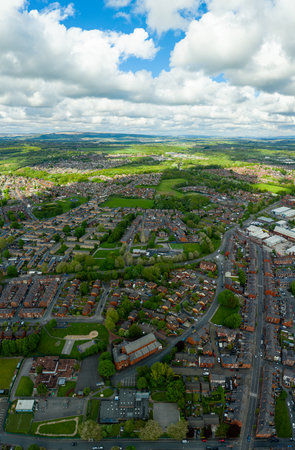 Aerial view of British houses with the countryside in the backgroundの写真素材