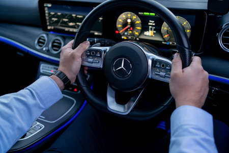 London, UK, May 18, 2021: Mercedes-Benz E 300 DE Plug-In Hybrid Break EQ Power Interiorのeditorial素材