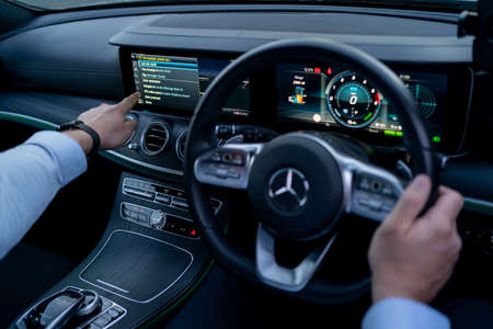 London, UK, May 18, 2021: Mercedes-Benz E 300 DE Plug-In Hybrid Break EQ Power Interiorのeditorial素材