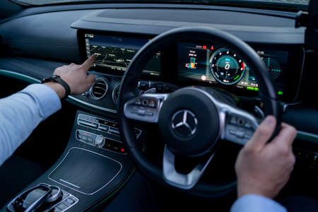 London, UK, May 18, 2021: Mercedes-Benz E 300 DE Plug-In Hybrid Break EQ Power Interiorのeditorial素材