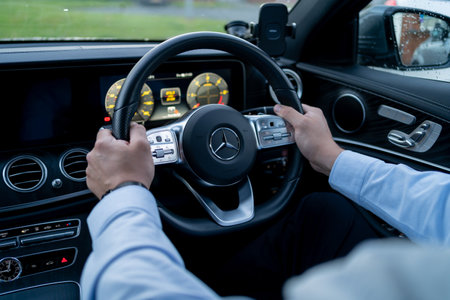 London, UK, May 18, 2021: Mercedes-Benz E 300 DE Plug-In Hybrid Break EQ Power Interiorのeditorial素材