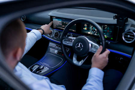 London, UK, May 18, 2021: Mercedes-Benz E 300 DE Plug-In Hybrid Break EQ Power Interiorのeditorial素材