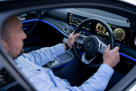 London, UK, May 18, 2021: Mercedes-Benz E 300 DE Plug-In Hybrid Break EQ Power Interiorのeditorial素材