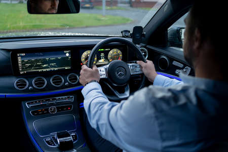 London, UK, May 18, 2021: Mercedes-Benz E 300 DE Plug-In Hybrid Break EQ Power Interiorのeditorial素材