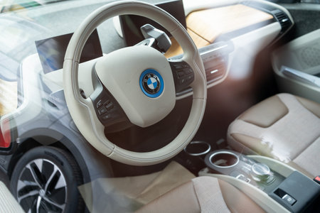Galati, Romania - September 15, 2021: 2021 Electric car BMW i3 interior viewのeditorial素材