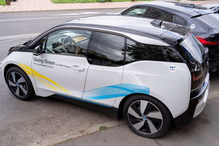 Galati, Romania - September 15, 2021: 2021 Electric car BMW i3 side viewのeditorial素材