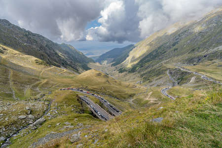 Outstanding panoramic view of Fagaras Mountains, Transfagarasan road, Sibiu County, Romaniaの写真素材