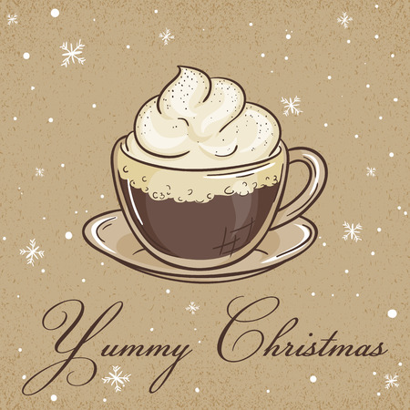 vector illustration of christmas kraft paper card with viennese coffee label and snowflakes. Can be used for greeting card, invitation, banner and poster.のイラスト素材