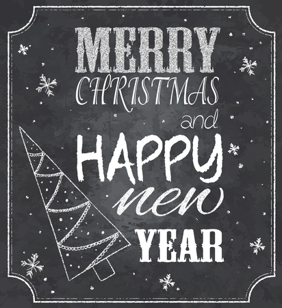 vector illustration of chalkboard style christmas quote with christmas tree and snowflakes.のイラスト素材