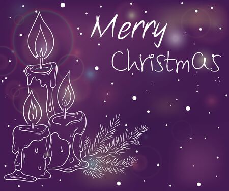 vector illustration of christmas luminous background with outline of candles, branch of christmas tree label, flares and snowflakes.のイラスト素材