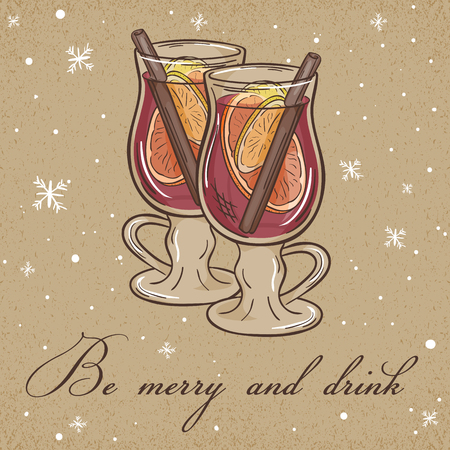 vector illustration of christmas kraft paper card with mulled wine label and snowflakes. Can be used for greeting card, invitation, banner and poster.のイラスト素材