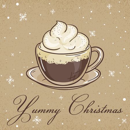 vector illustration of christmas kraft paper card with viennese coffee label and snowflakes. Can be used for greeting card, invitation, banner and poster.のイラスト素材