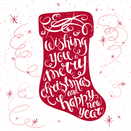 vector printable inspiring christmas lettering quote on a christmas sock with snowflakes and serpentine. Can be printed on poster, flyer, gift card.のイラスト素材