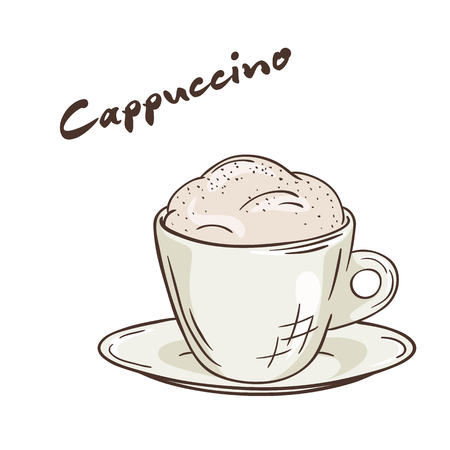 vector printable illustration of isolated cup of cappuccino with label.のイラスト素材