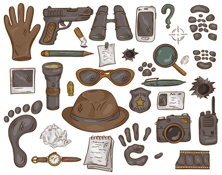 vector hand drawn set of illustration with  detective tools and evidence.のイラスト素材