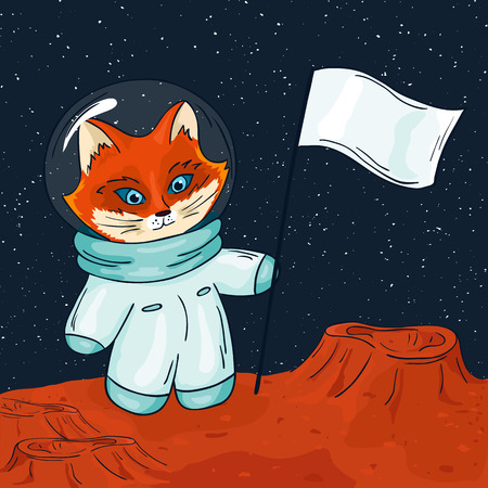 vector hand drawn printable illustration of fox astronaut with flag on the mars.のイラスト素材