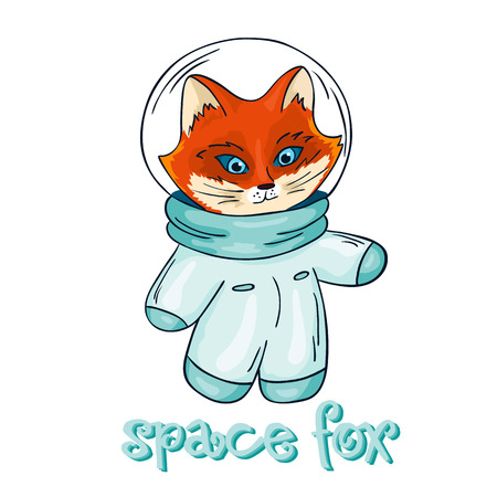 vector hand drawn isolated printable illustration of fox astronaut with label - space fox.のイラスト素材