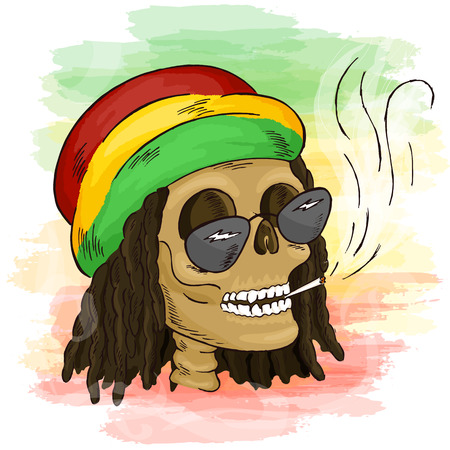 vector printable hand drawn reggae smoking skull wearing rasta hat, sunglasses and dreadlocks on watercolor background. Can be printed on mug, pillow, t-shirt.のイラスト素材
