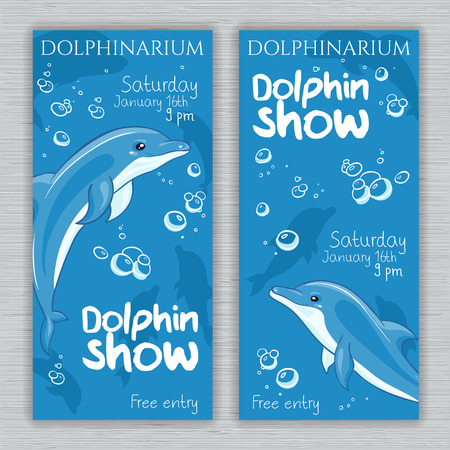 vector set of printable dolphinarium banner with hand drawn cartoon dolphins and text. Can be used as a ticket design.のイラスト素材