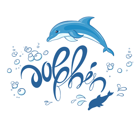 vector hand drawn printable lettering illustration with jumping dolphin, bubbles and splash. Can be printed on t-shirts, pillow, poster, mug, bag.のイラスト素材