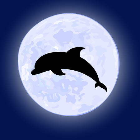 vector illusration of jumping dolphin on night sky with full moon on the background.のイラスト素材