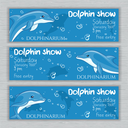 vector set of printable dolphinarium banner with hand drawn cartoon dolphins and text. Can be used as a ticket design.のイラスト素材