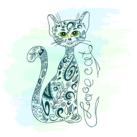 vector hand drawn printable illustration of sitting zentangle cat with label on watercolor background. Can be printed on mug, pillow, t-shirt.のイラスト素材