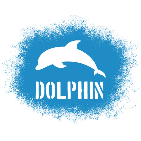vector printable sprayed illustration with jumping dolphin and label. Can be printed on t-shirts, pillow, poster, mug, bag.のイラスト素材