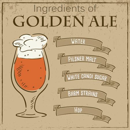 Vector vintage illustration of card with recipe of golden ale. Ingredients are written on ribbons.のイラスト素材