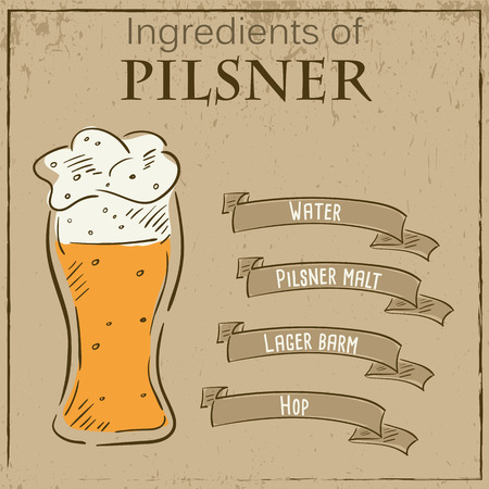 Vector vintage illustration of card with recipe of pilsner beer. Ingredients are written on ribbons.のイラスト素材