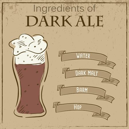 Vector vintage illustration of card with recipe of dark ale. Ingredients are written on ribbons.のイラスト素材