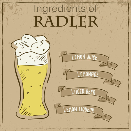 Vector vintage illustration of card with recipe of radler beer. Ingredients are written on ribbons.のイラスト素材