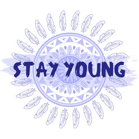 Vector printable hippie illustration of mandala with hand drawn feather on watercolor background and label - stay young.のイラスト素材
