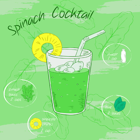Vector illustration of vegetable smoothie in a glass with a straw and images of ingredients. Printable card or poster. Spinach, pineapple, water, mint.のイラスト素材