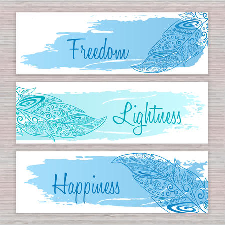 vector printable hippie banners with hand drawn zentangle feathers with artistic brush stroke  and labels .のイラスト素材