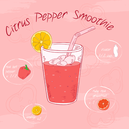 Vector illustration of vegetable smoothie in a glass with a straw and images of ingredients. Printable card or poster. Citrus (orange, grapefruit), red bell pepper, waterのイラスト素材