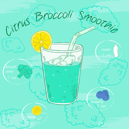 Vector illustration of vegetable smoothie in a glass with a straw and images of ingredients. Printable card or poster. Citrus (orange), broccoli, blueberryのイラスト素材