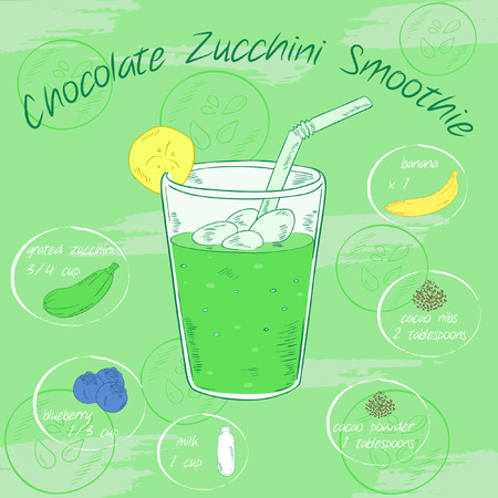 Vector illustration of vegetable smoothie in a glass with a straw and images of ingredients. Printable card or poster. Chocolate (cacao), zucchini, banana, blueberry, milkのイラスト素材