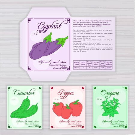 vector printable template of seed packet with image, name and description of vegetables on wooden backdrop. Contains eggplant, cucumber, pepper and oregano.のイラスト素材