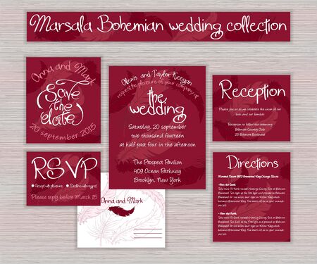 vector marsala printable wedding typography set of cards with hand drawn feather on wooden desk.のイラスト素材