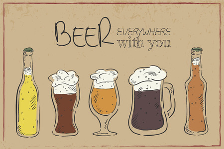 Vector illustration of a hand drawn vintage card with beer dishes: bottle, mug and cup with a funny label - Beer everywhere with you.のイラスト素材