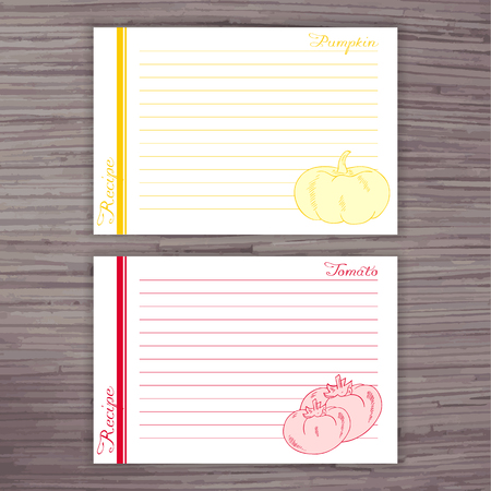 vector lined recipe card with vegetables on wooden background. Pumpkin, tomato.のイラスト素材